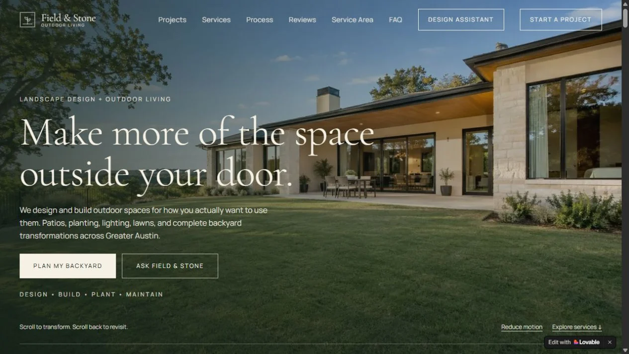 Field & Stone concept website with a backyard transformation hero